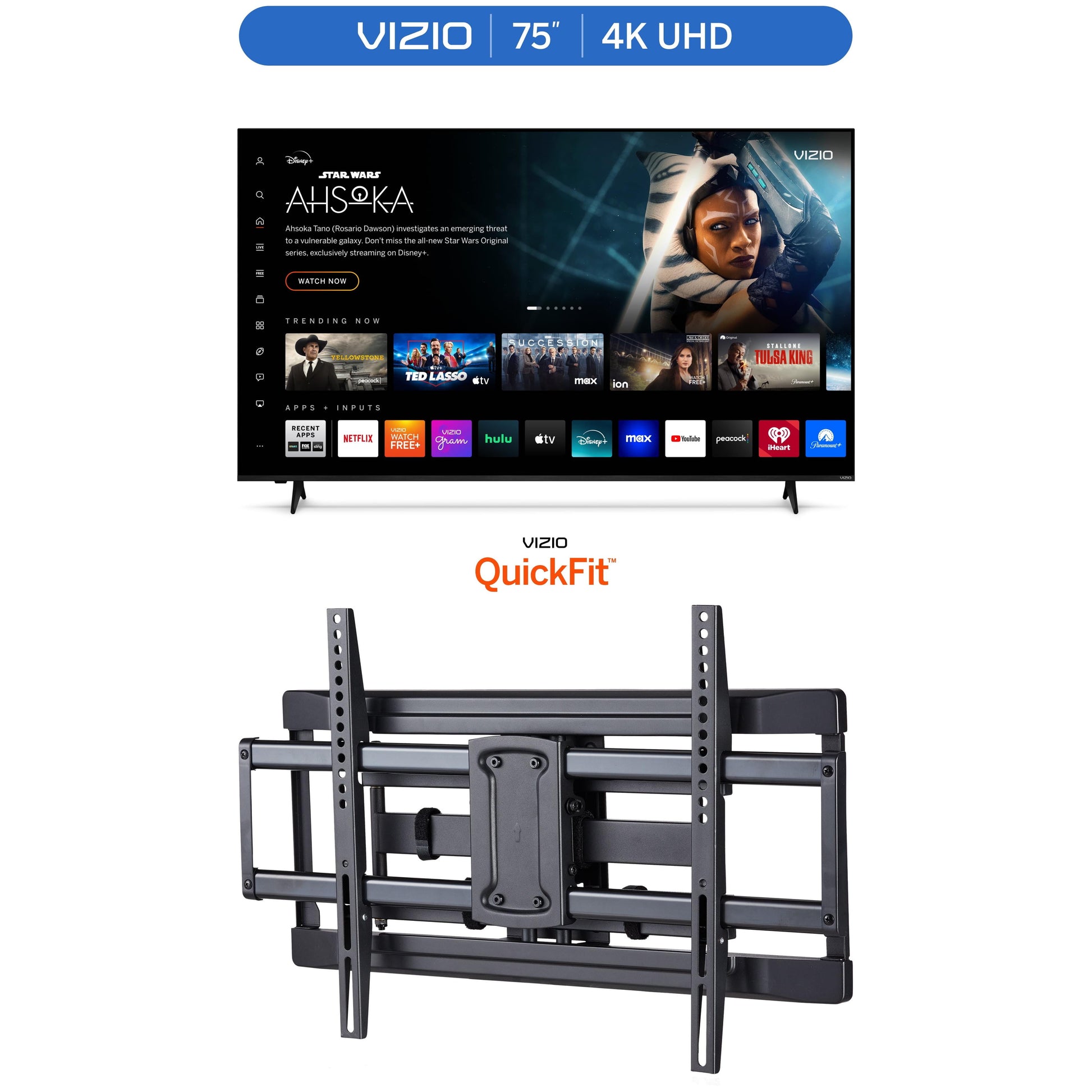 75” Class 4K UHD LED HDR Smart TV (New) V4K75M-08 and Onn. Full Motion TV Wall Mount for 50" to 86" Tvs, up to 15° Tilting